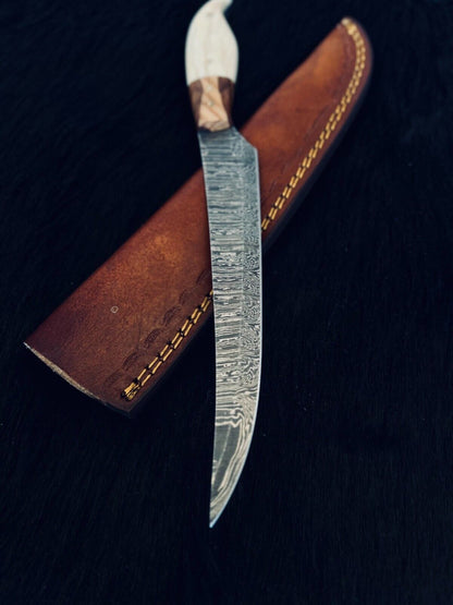 Heritage Forge 12 Inch Fire Damascus Steel Fillet Kitchen Knife with Camel Bone and Wood Handle