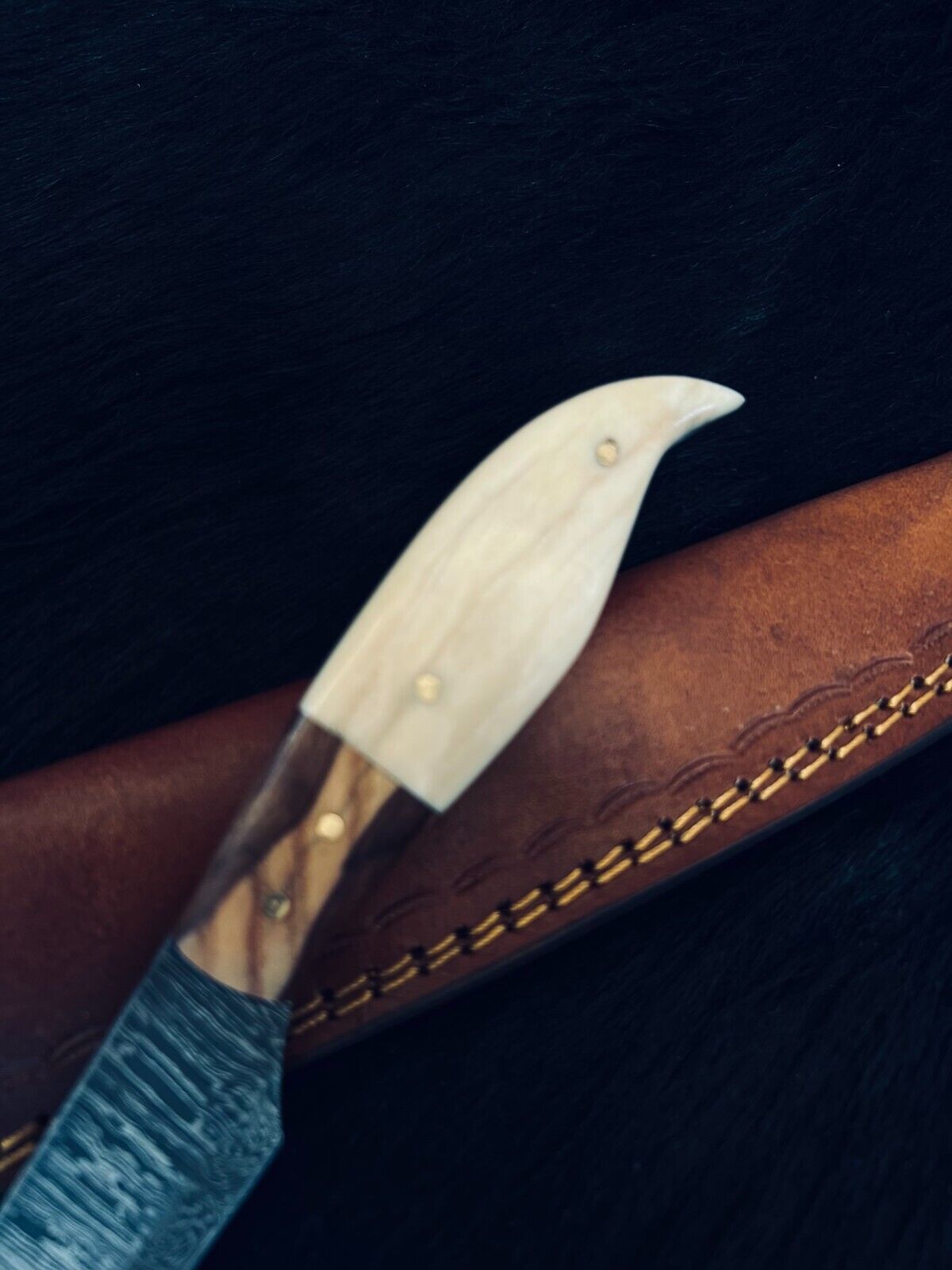 Heritage Forge 12 Inch Fire Damascus Steel Fillet Kitchen Knife with Camel Bone and Wood Handle