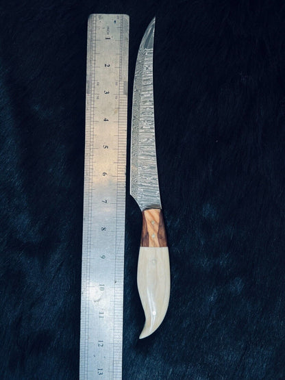 Heritage Forge 12 Inch Fire Damascus Steel Fillet Kitchen Knife with Camel Bone and Wood Handle