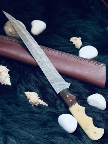 Heritage Forge 13 Inch Twist Damascus Brisket Fillet Knife with Camel Bone and Wood Handle