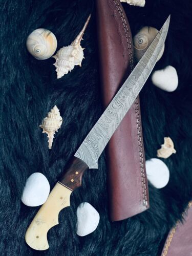 Heritage Forge 13 Inch Twist Damascus Brisket Fillet Knife with Camel Bone and Wood Handle