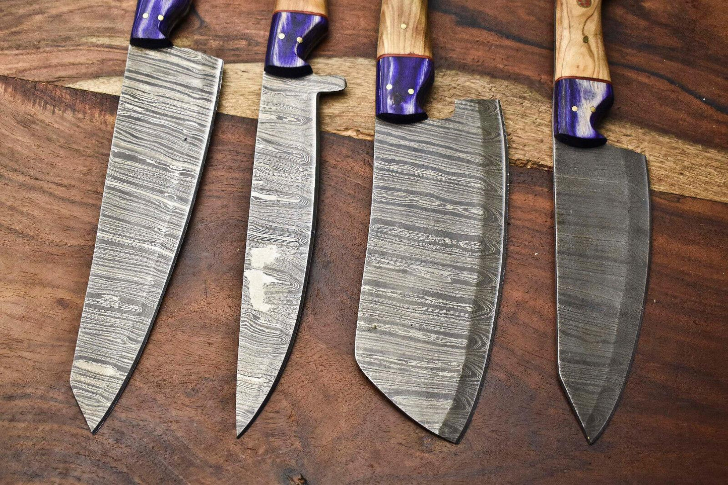 Lot Of 4 Handmade Damascus Steel Full Tang Chef Knife Set – Custom Kitchen Knives