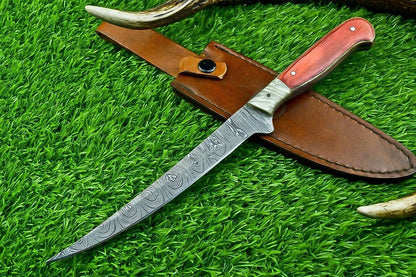 Hand Forged Damascus Steel Fillet Knife – Custom Chef Kitchen Knife with Resin & Hardwood Handle