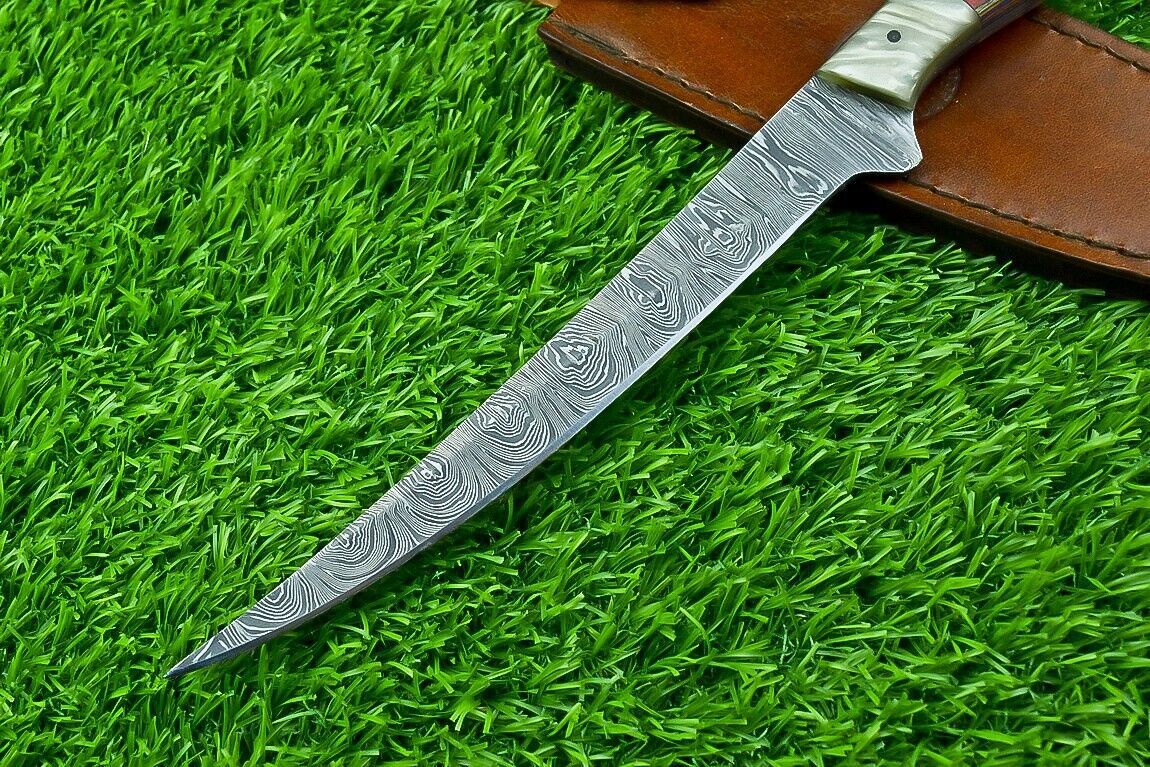 Hand Forged Damascus Steel Fillet Knife – Custom Chef Kitchen Knife with Resin & Hardwood Handle