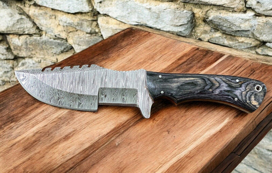 Brown Damascus Steel Tracker Knife – 10" Handmade Hunting Outdoor Fixed Blade with Micarta Handle