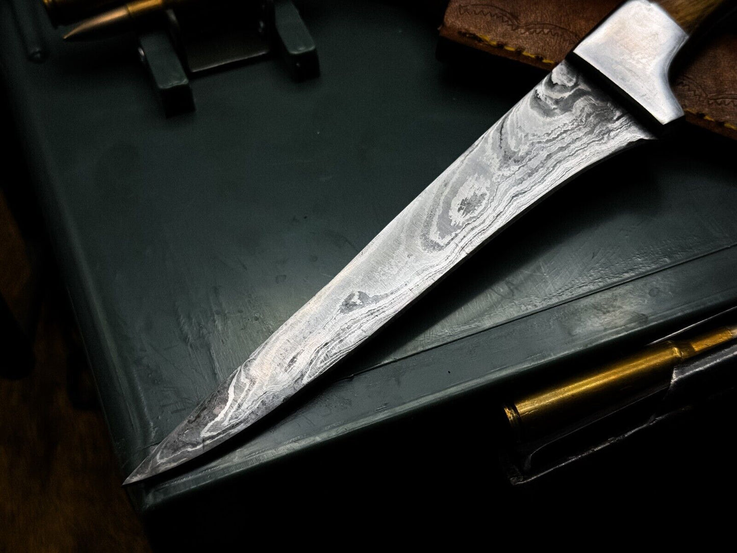 Handmade Damascus Steel Fillet Chef Knife – Wood Handle with Leather Sheath