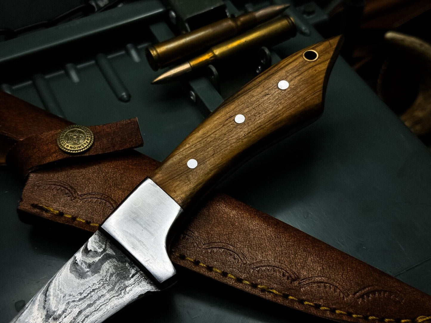 Handmade Damascus Steel Fillet Chef Knife – Wood Handle with Leather Sheath