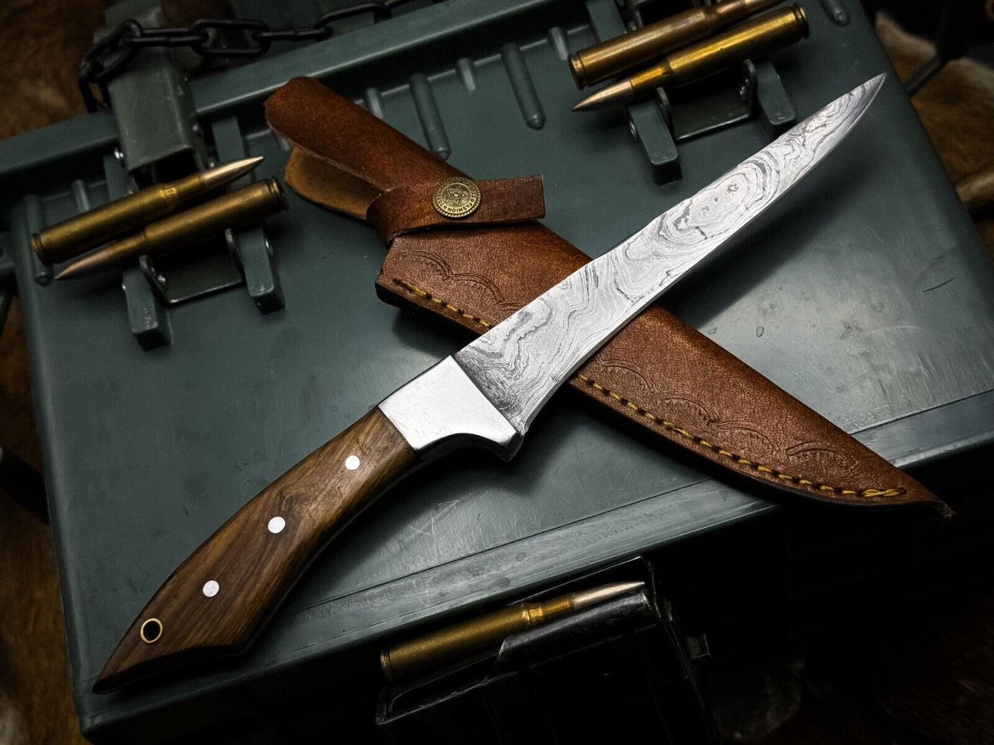Handmade Damascus Steel Fillet Chef Knife – Wood Handle with Leather Sheath