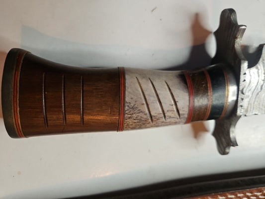 Heritage Forge 12 Inch Damascus Steel Bowie Knife with Wood and Bone Handle and Sheath for Hunting and Camping
