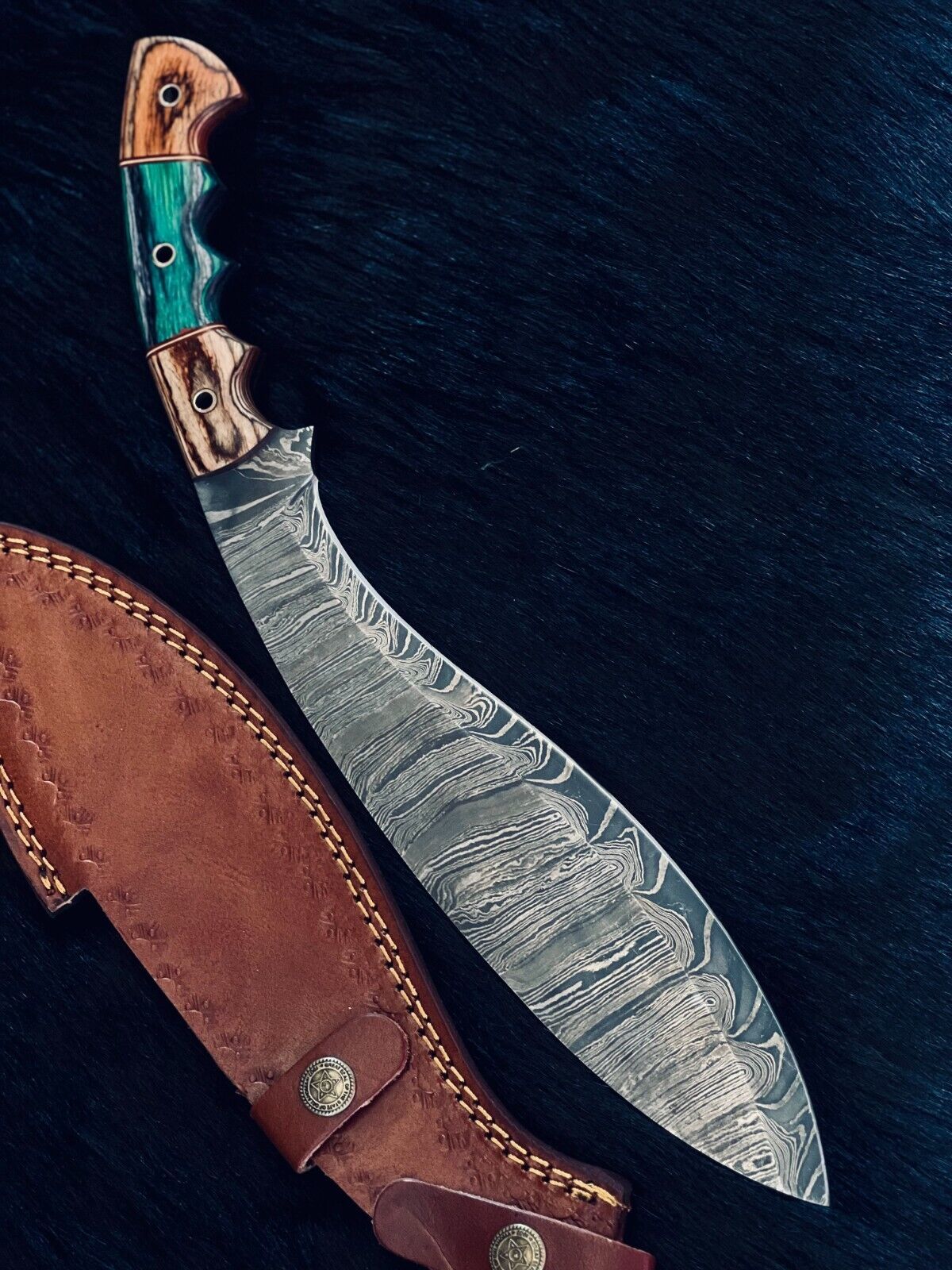 Heritage Forge 15 Inch Ladder Damascus Kukri Knife with Camel Bone and Wood Handle