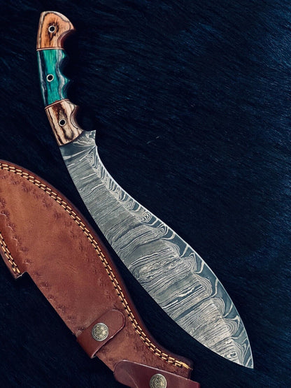 Heritage Forge 15 Inch Ladder Damascus Kukri Knife with Camel Bone and Wood Handle