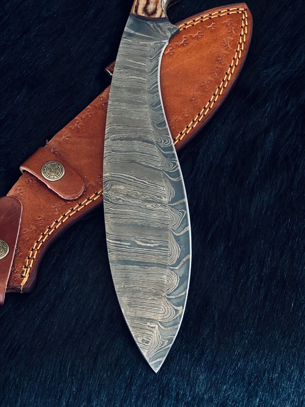 Heritage Forge 15 Inch Ladder Damascus Kukri Knife with Camel Bone and Wood Handle
