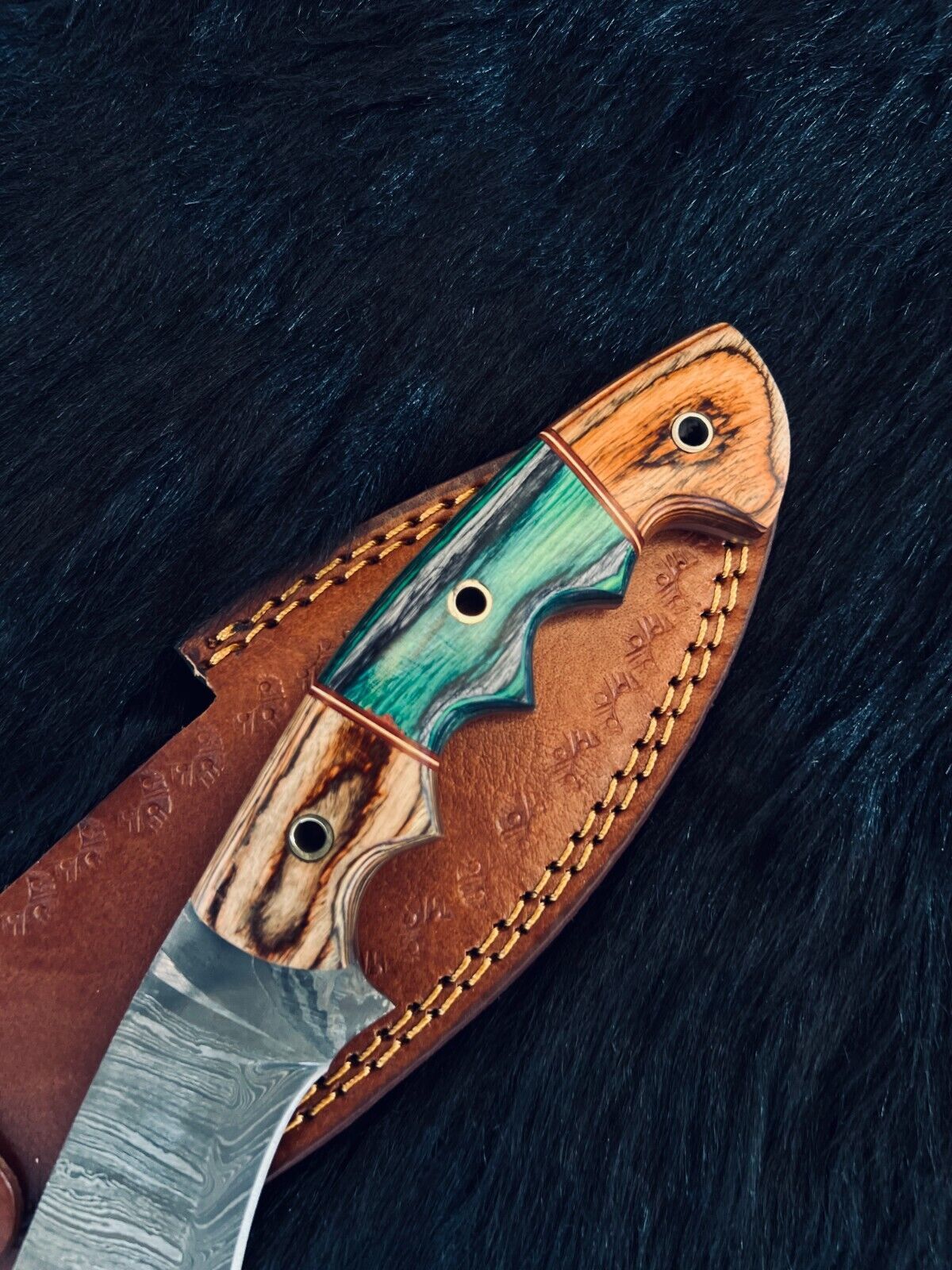 Heritage Forge 15 Inch Ladder Damascus Kukri Knife with Camel Bone and Wood Handle