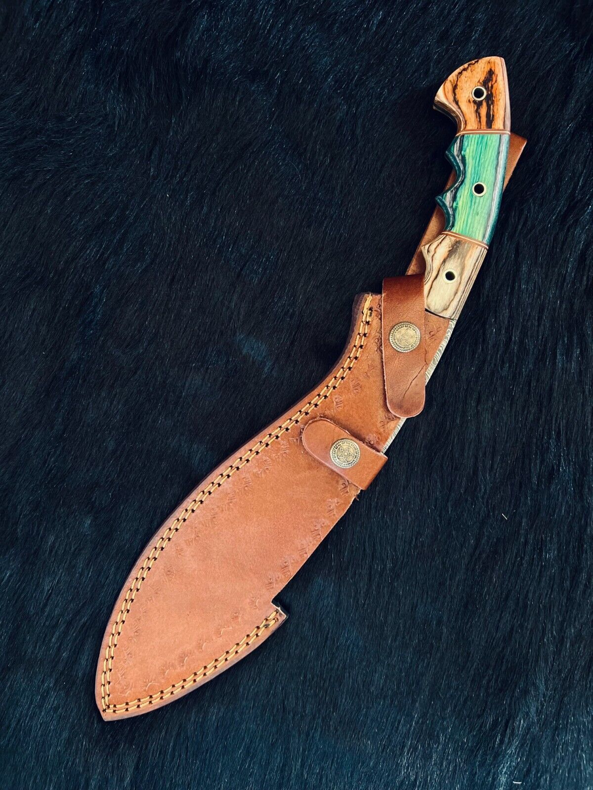 Heritage Forge 15 Inch Ladder Damascus Kukri Knife with Camel Bone and Wood Handle