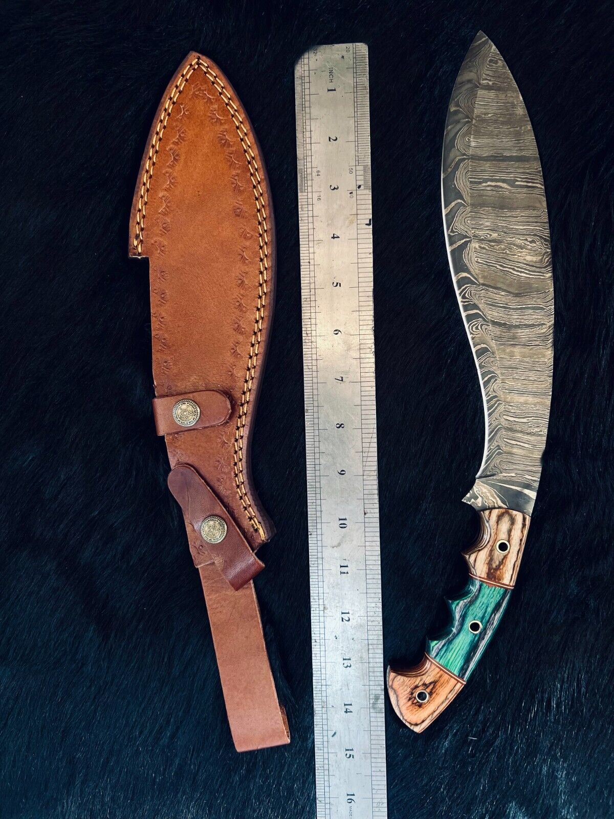 Heritage Forge 15 Inch Ladder Damascus Kukri Knife with Camel Bone and Wood Handle