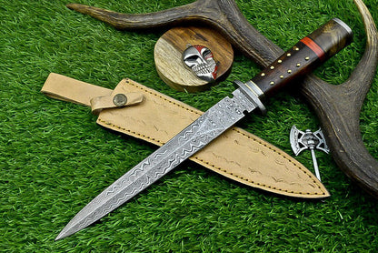 15 Inch Handmade Damascus Steel Hunting Dagger Knife with Natural Wood Handle and Sheath