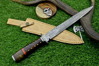 15 Inch Handmade Damascus Steel Hunting Dagger Knife with Natural Wood Handle and Sheath