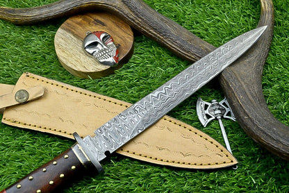 15 Inch Handmade Damascus Steel Hunting Dagger Knife with Natural Wood Handle and Sheath