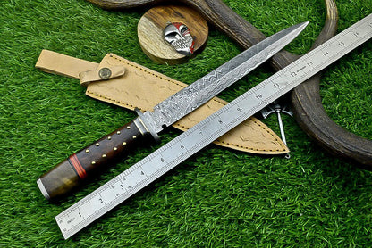 15 Inch Handmade Damascus Steel Hunting Dagger Knife with Natural Wood Handle and Sheath