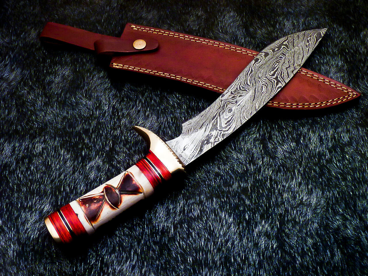 15" Hand Forged Damascus Bowie Hunting Knife – Engraved Camel Bone & Hard Wood Handle