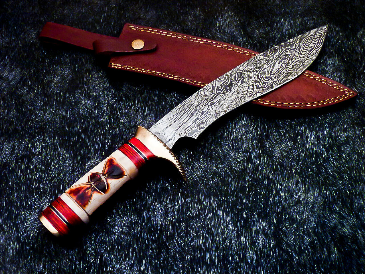 15" Hand Forged Damascus Bowie Hunting Knife – Engraved Camel Bone & Hard Wood Handle