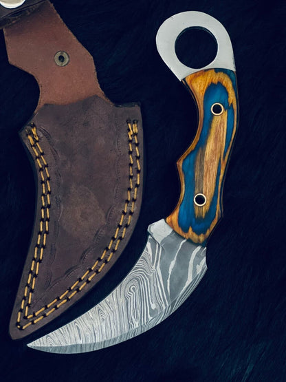 8" Handmade Twist Damascus Karambit Knife with Camel Bone & Wood Handle
