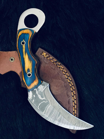 8" Handmade Twist Damascus Karambit Knife with Camel Bone & Wood Handle