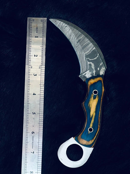 8" Handmade Twist Damascus Karambit Knife with Camel Bone & Wood Handle