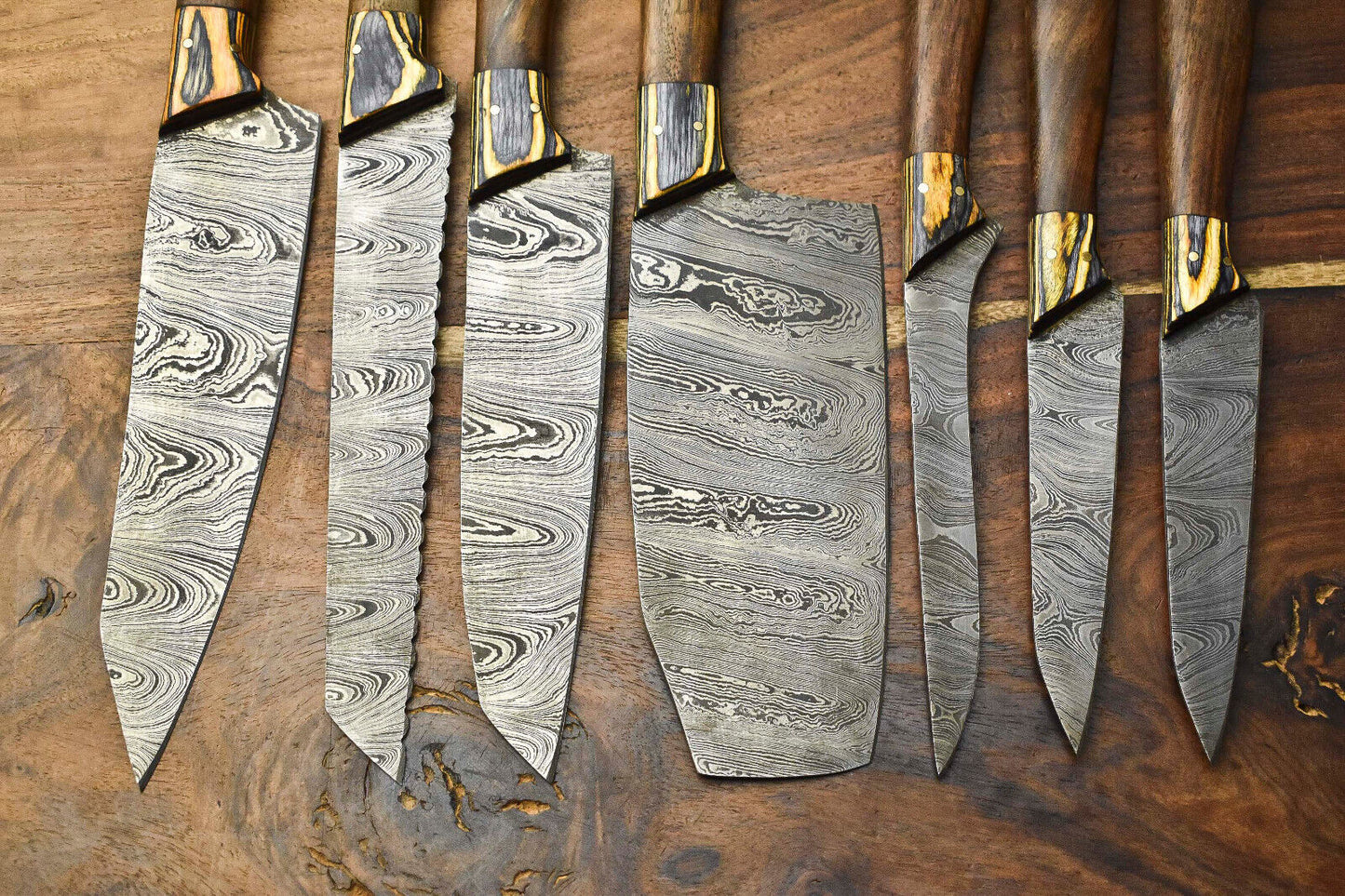 Lot Of 7 Handmade Damascus Steel Blade Chef Set Knife