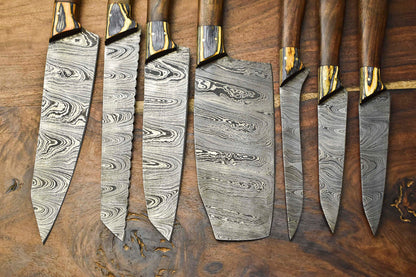 Lot Of 7 Handmade Damascus Steel Blade Chef Set Knife