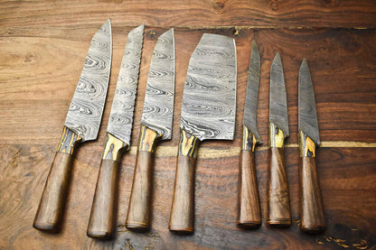Lot Of 7 Handmade Damascus Steel Blade Chef Set Knife