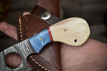 Handmade Twist Damascus Skinner Knife with Gut Hook Bone Handle Hunting Tool
