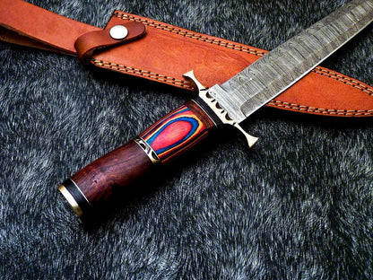 Damascus Steel Dagger Bowie Knife – 14 Inch Handmade Hunting Blade with Natural Wood Handle