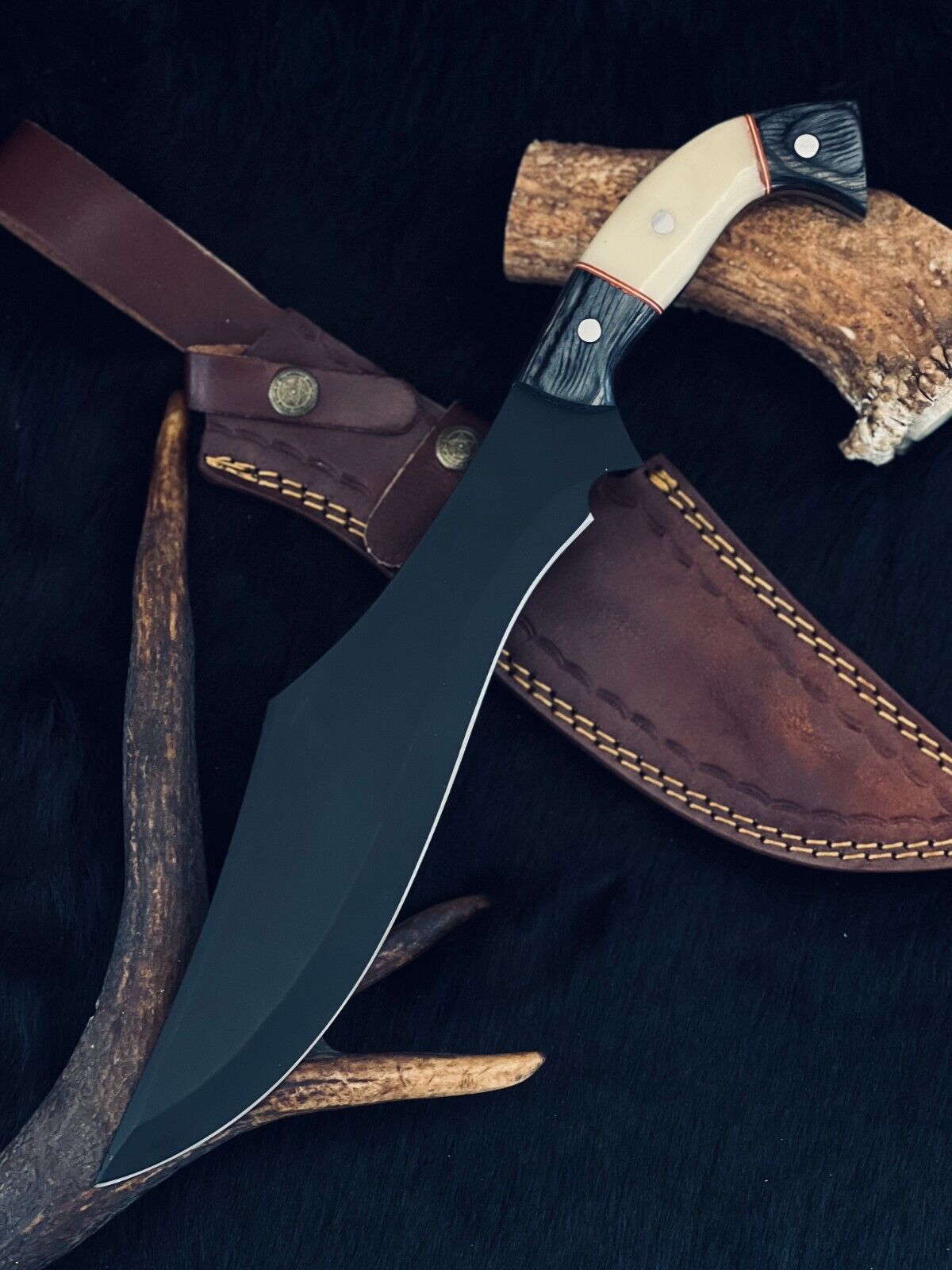15.5 Inch D2 Steel Bowie Hunting Knife with Camel Bone and Wood Handle