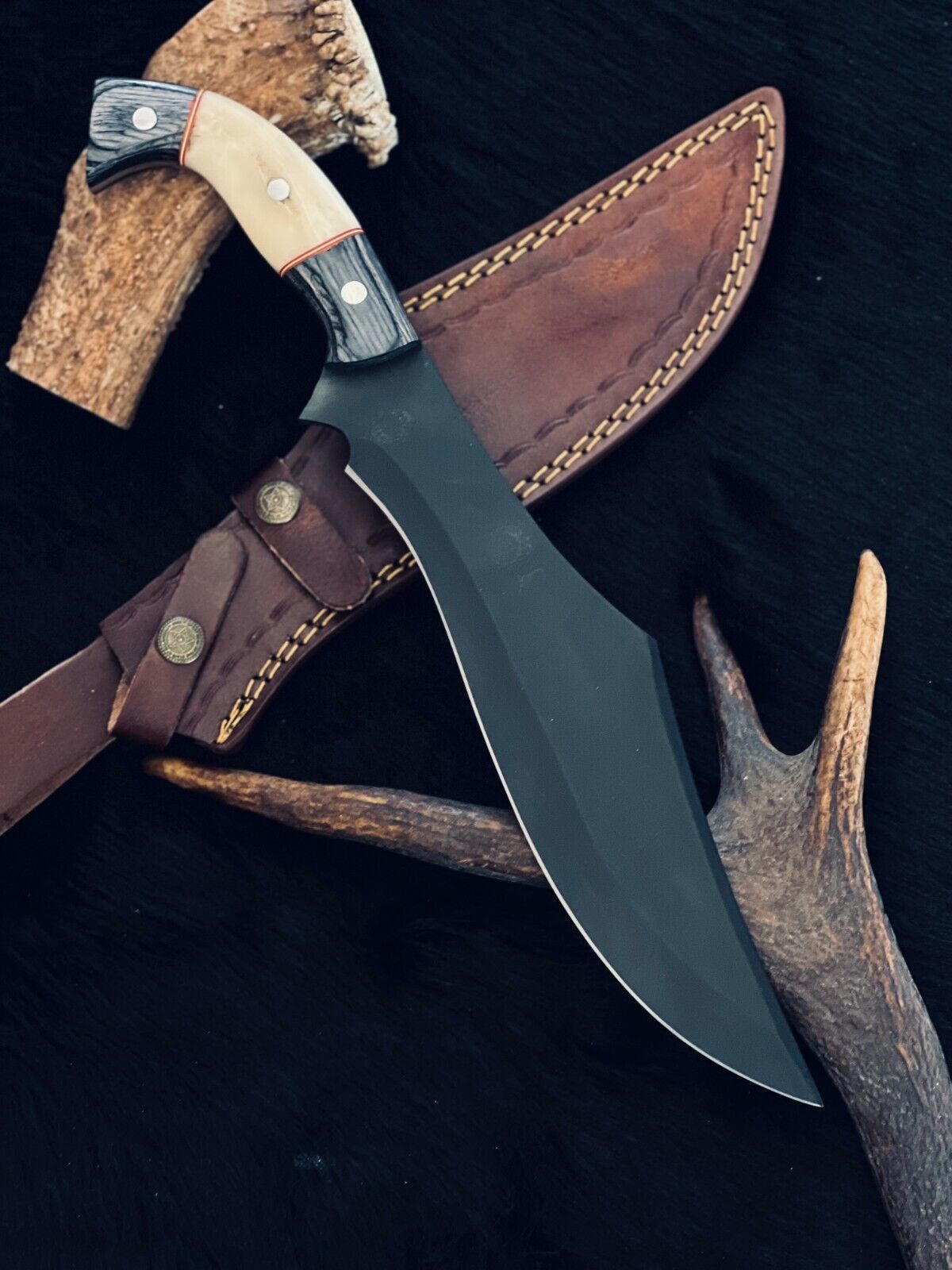 15.5 Inch D2 Steel Bowie Hunting Knife with Camel Bone and Wood Handle