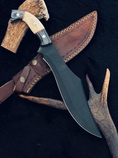 15.5 Inch D2 Steel Bowie Hunting Knife with Camel Bone and Wood Handle