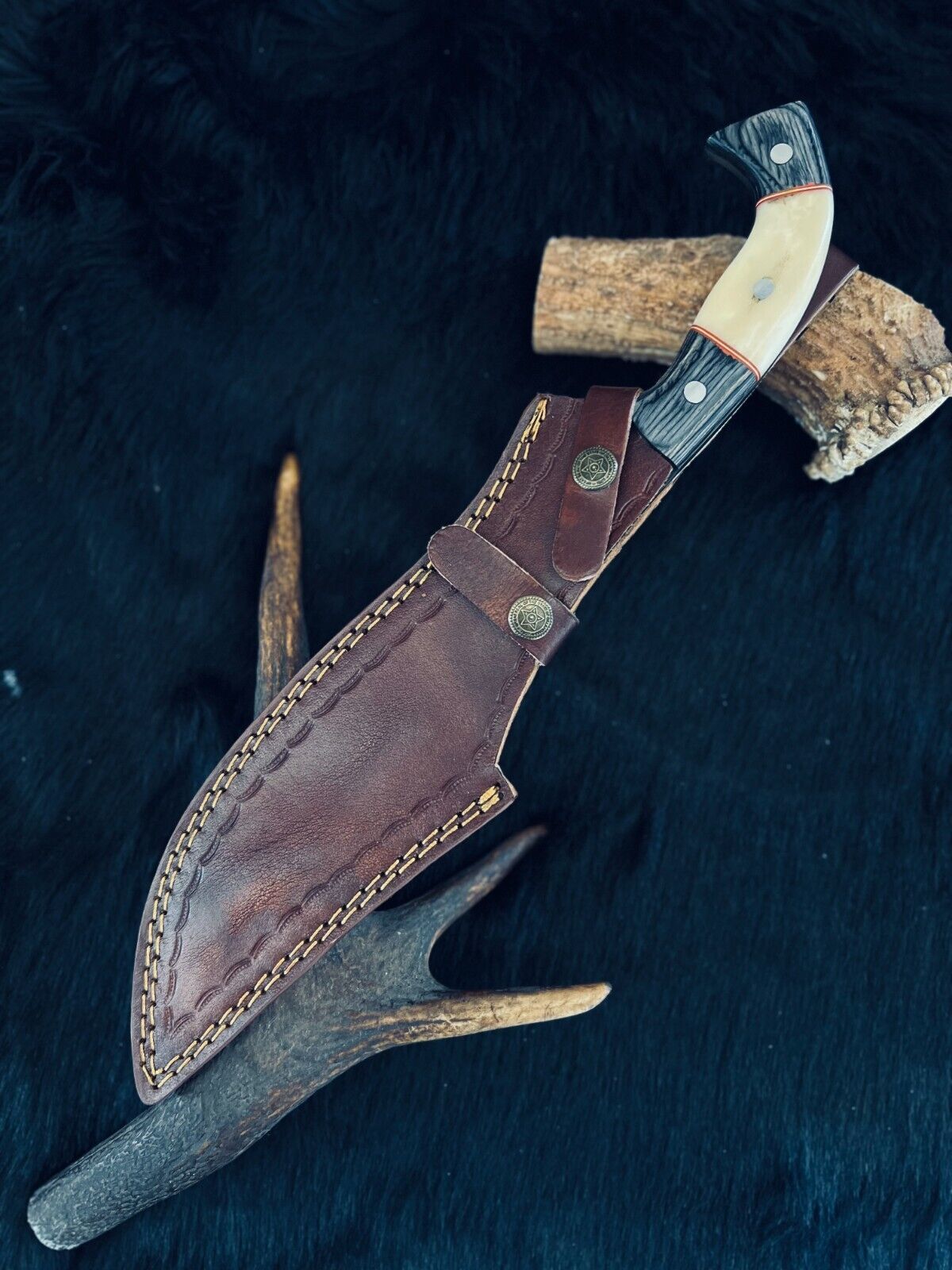 15.5 Inch D2 Steel Bowie Hunting Knife with Camel Bone and Wood Handle