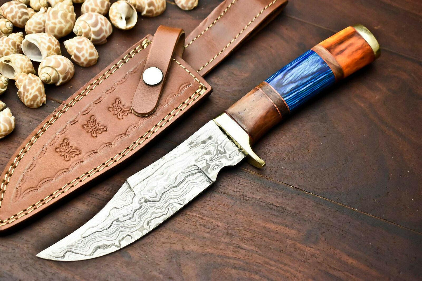 Handmade Damascus Steel Bowie Knife with Camel Bone Handle – 13.5" Hunting Blade