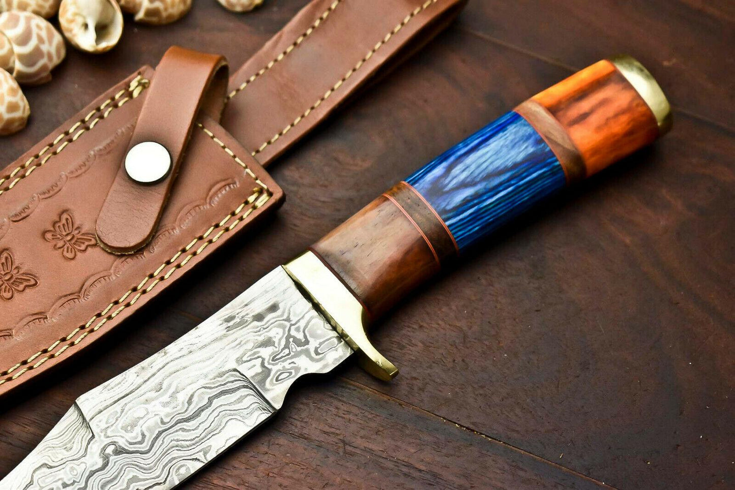 Handmade Damascus Steel Bowie Knife with Camel Bone Handle – 13.5" Hunting Blade