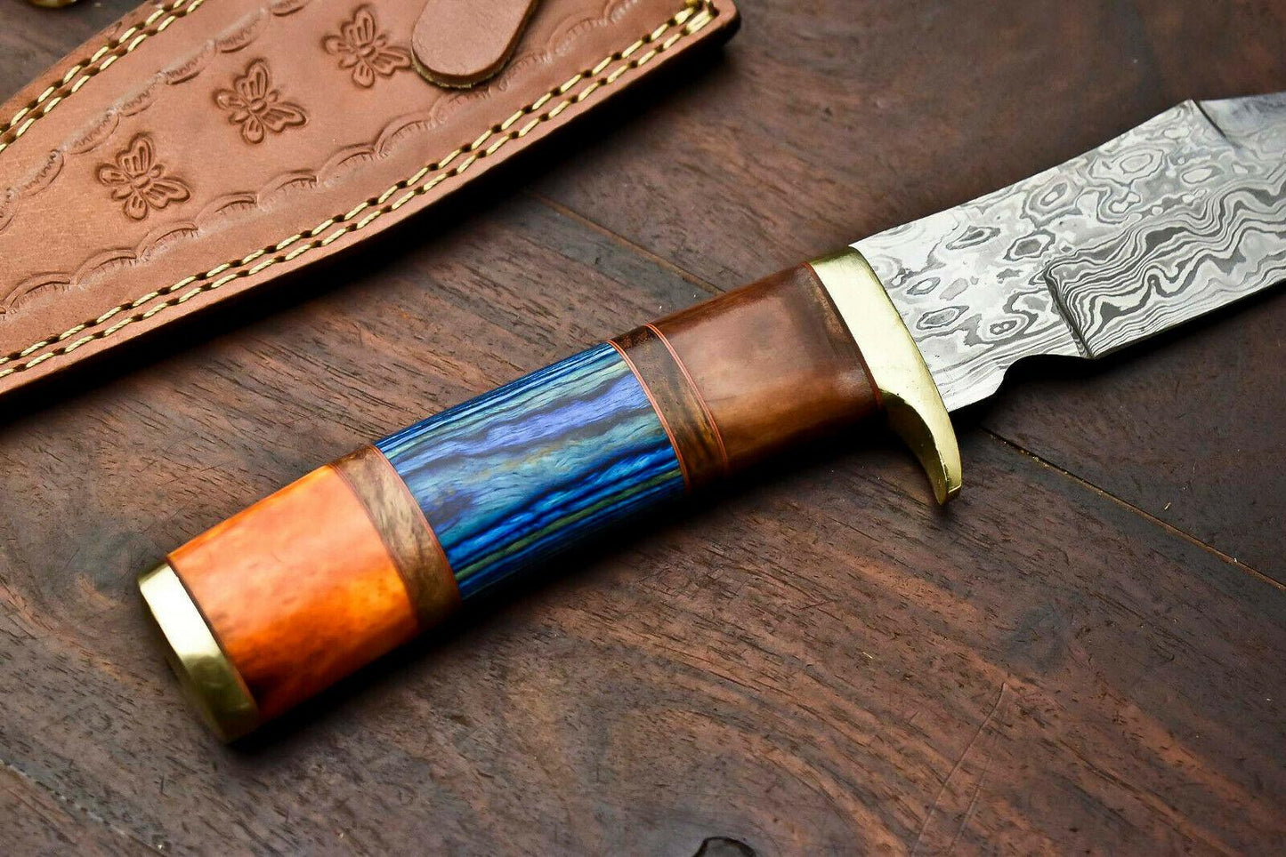 Handmade Damascus Steel Bowie Knife with Camel Bone Handle – 13.5" Hunting Blade