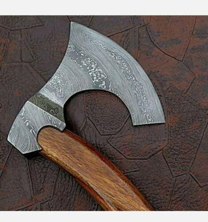Handmade Damascus Viking Axe Bearded Axe Hatchet Tomahawk with Natural Wood Handle and Leather Sheath