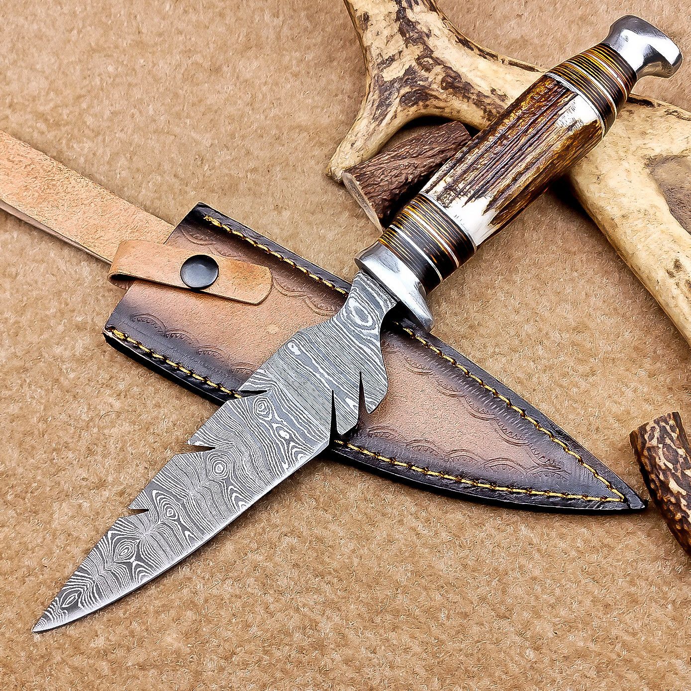 Heritage Forge 12 Inch Handmade Damascus Bowie Knife with Stag Antler Handle