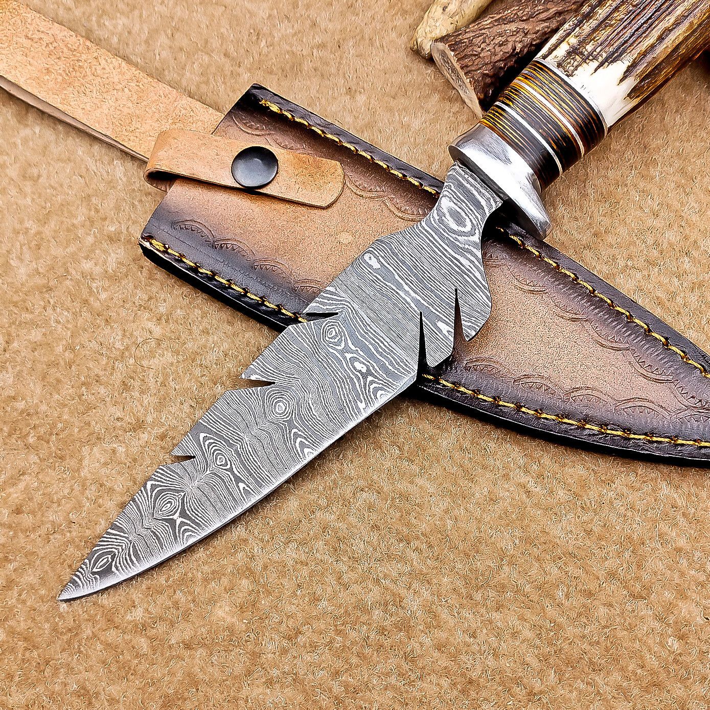 Heritage Forge 12 Inch Handmade Damascus Bowie Knife with Stag Antler Handle