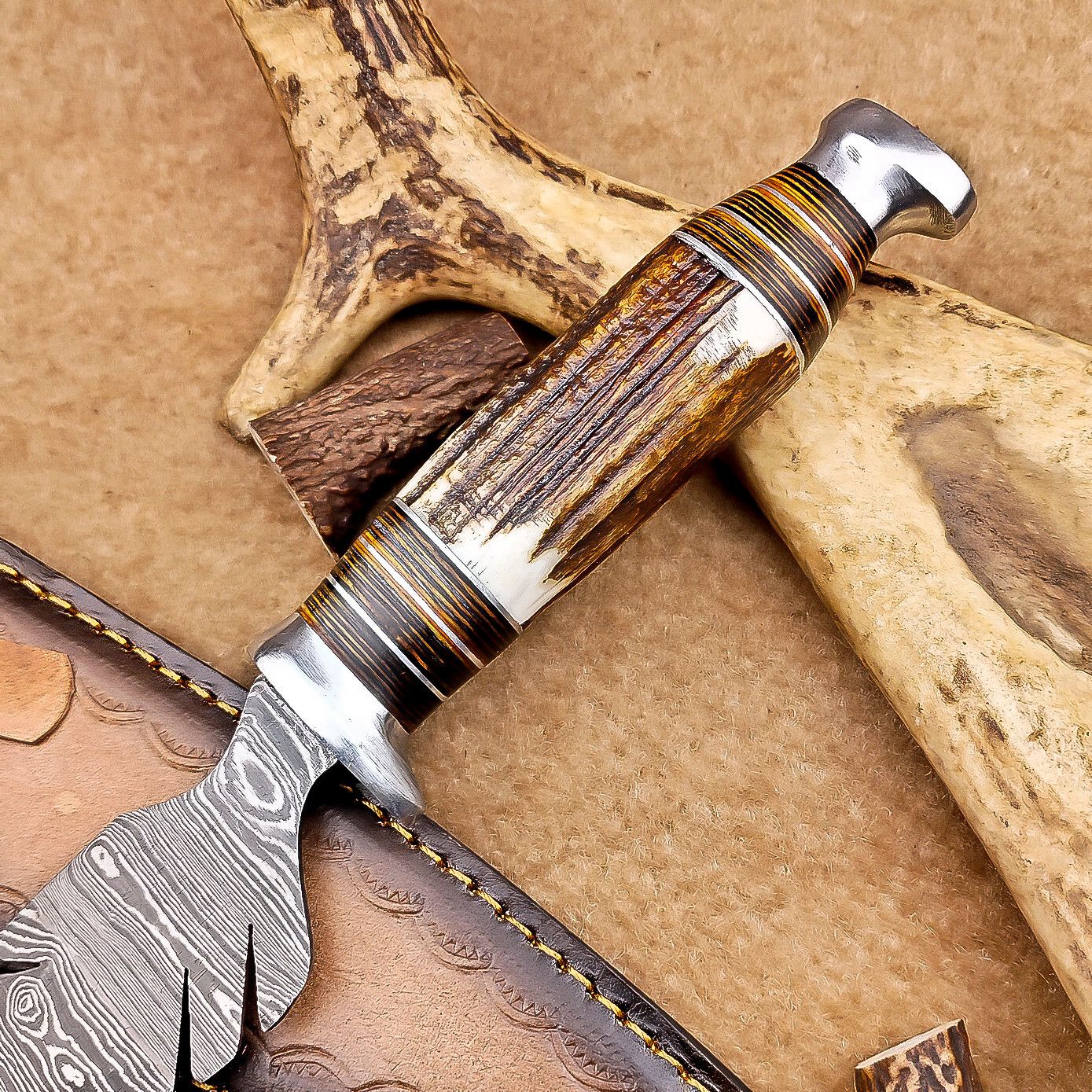 Heritage Forge 12 Inch Handmade Damascus Bowie Knife with Stag Antler Handle