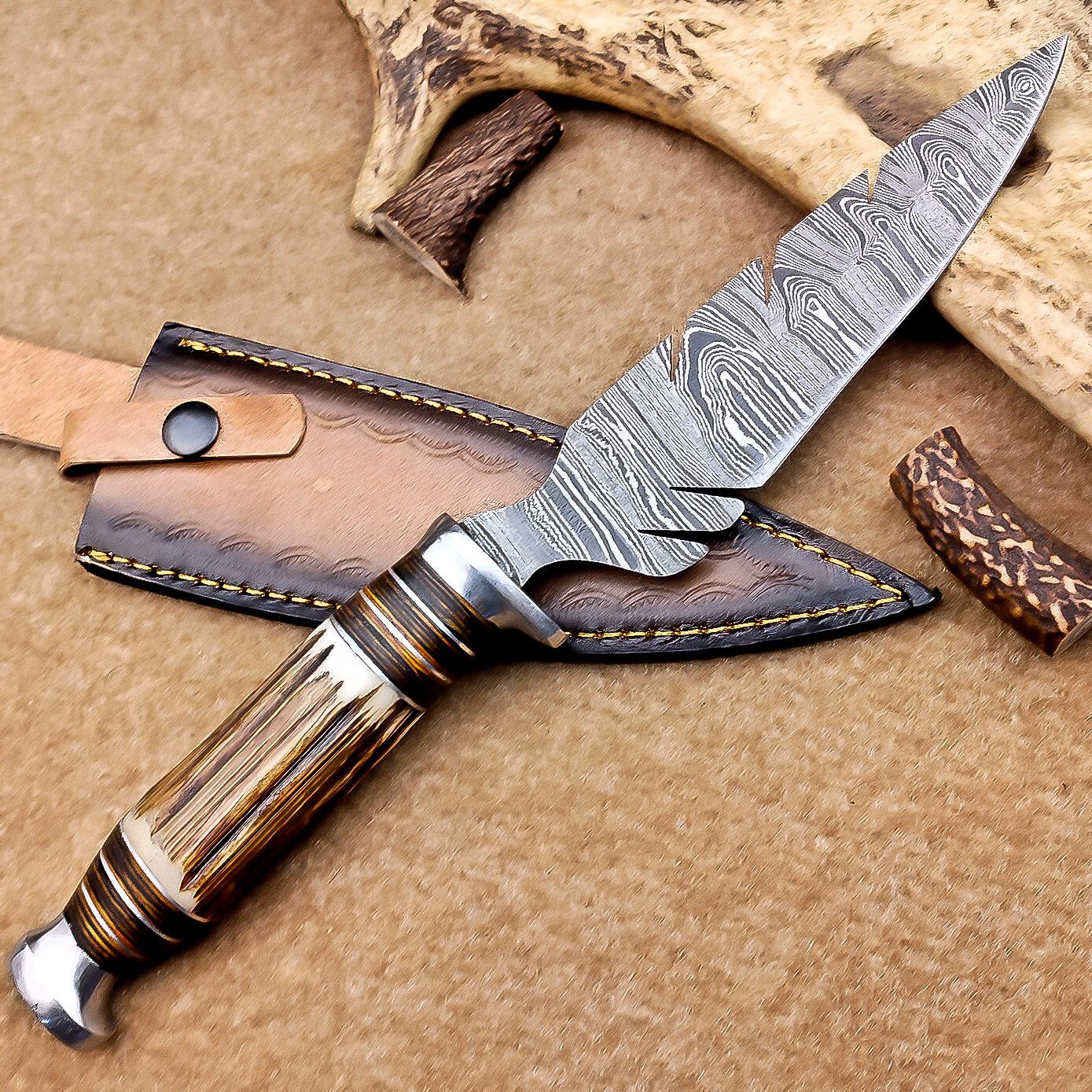 Heritage Forge 12 Inch Handmade Damascus Bowie Knife with Stag Antler Handle