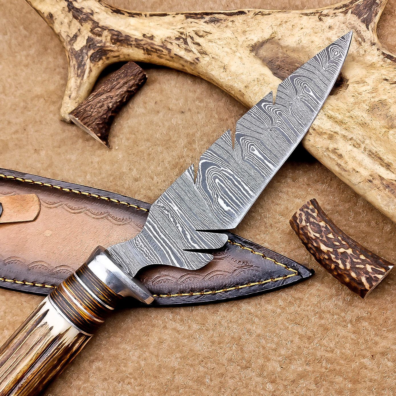 Heritage Forge 12 Inch Handmade Damascus Bowie Knife with Stag Antler Handle