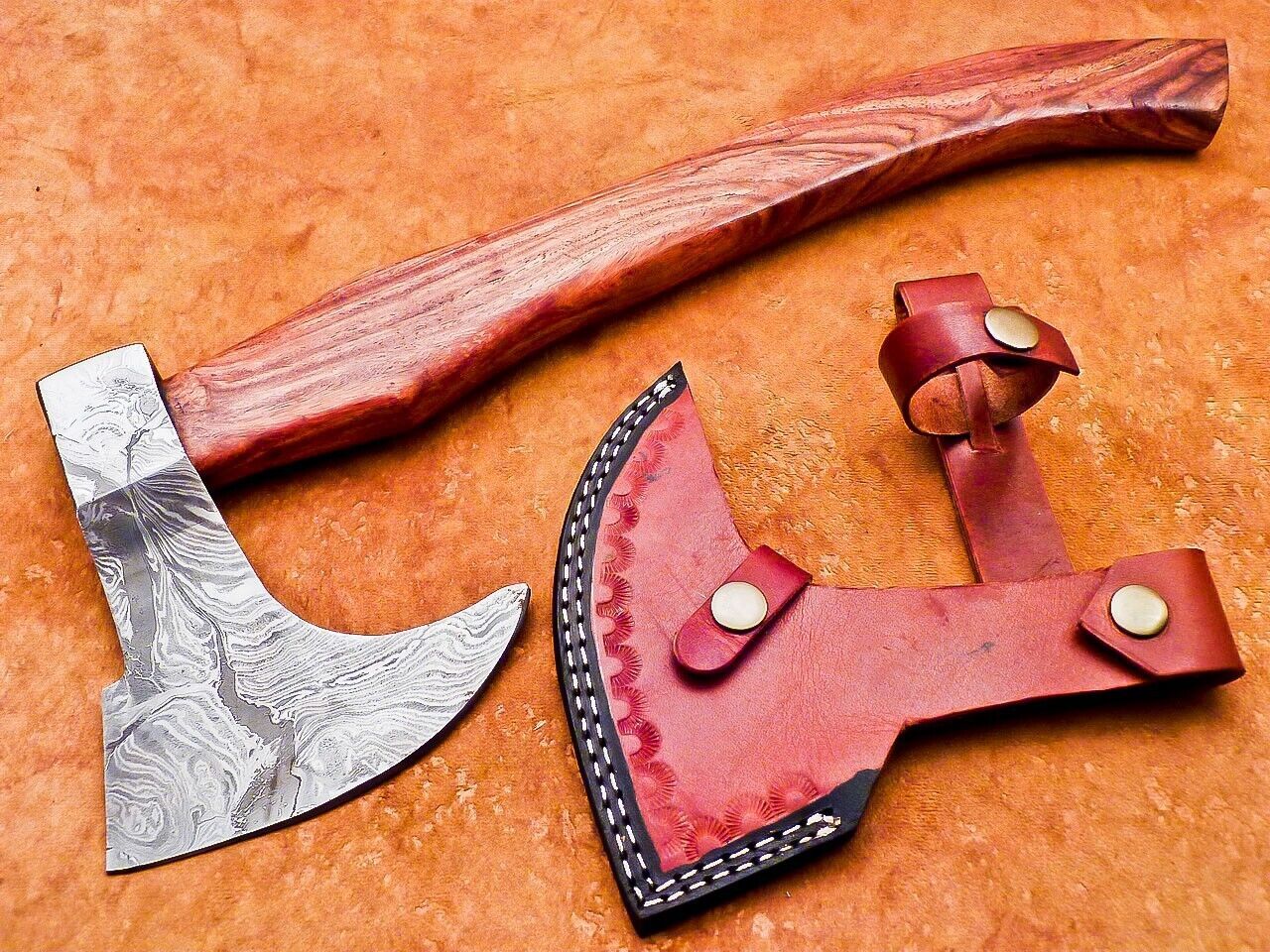 Custom Handmade Damascus Steel Tomahawk Axe with Natural Wood Handle and Leather Sheath