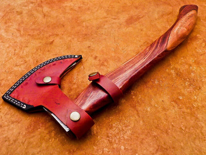 Custom Handmade Damascus Steel Tomahawk Axe with Natural Wood Handle and Leather Sheath