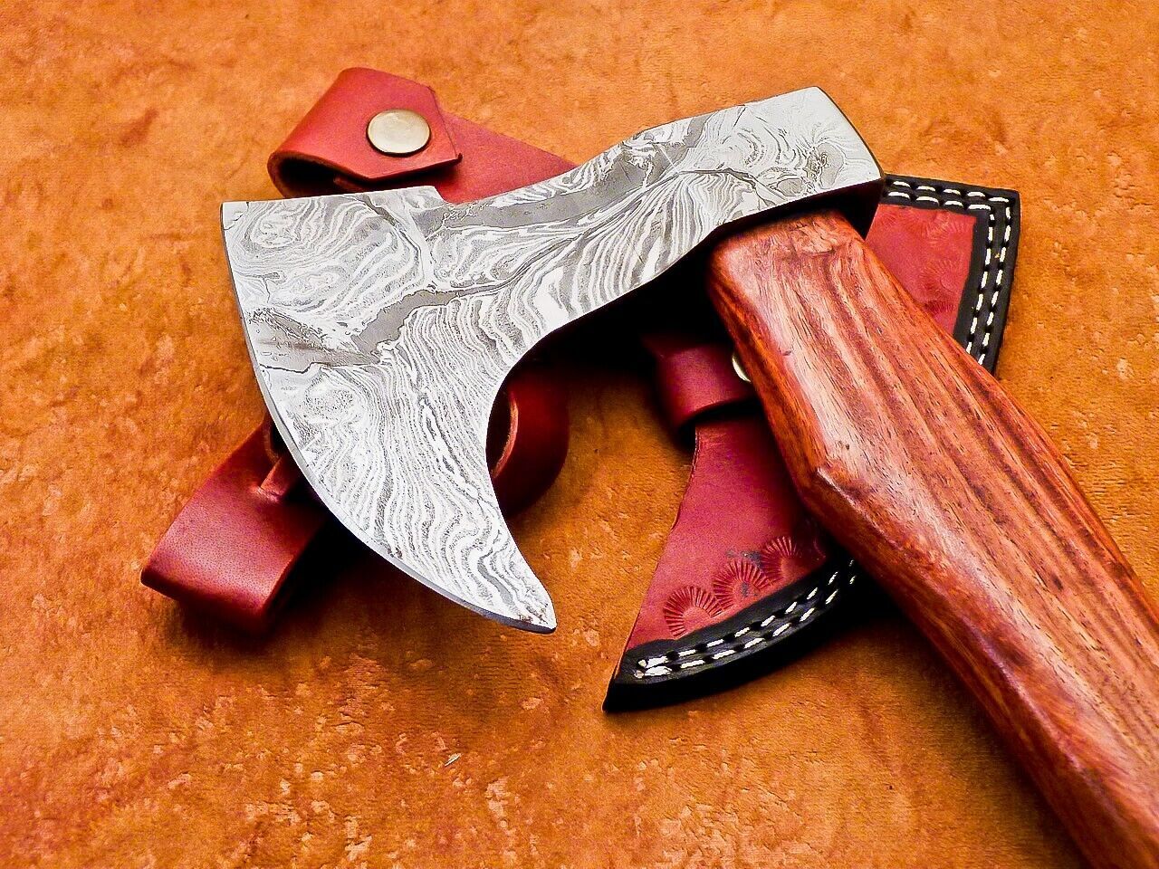 Custom Handmade Damascus Steel Tomahawk Axe with Natural Wood Handle and Leather Sheath