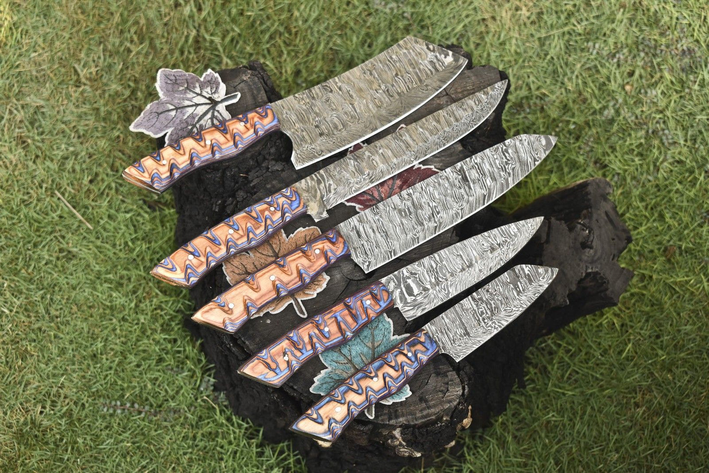Hand Forged Chef Knife Set Twist Damascus Steel with Hard Wood Handles – Lot of 5 Hunting Knives